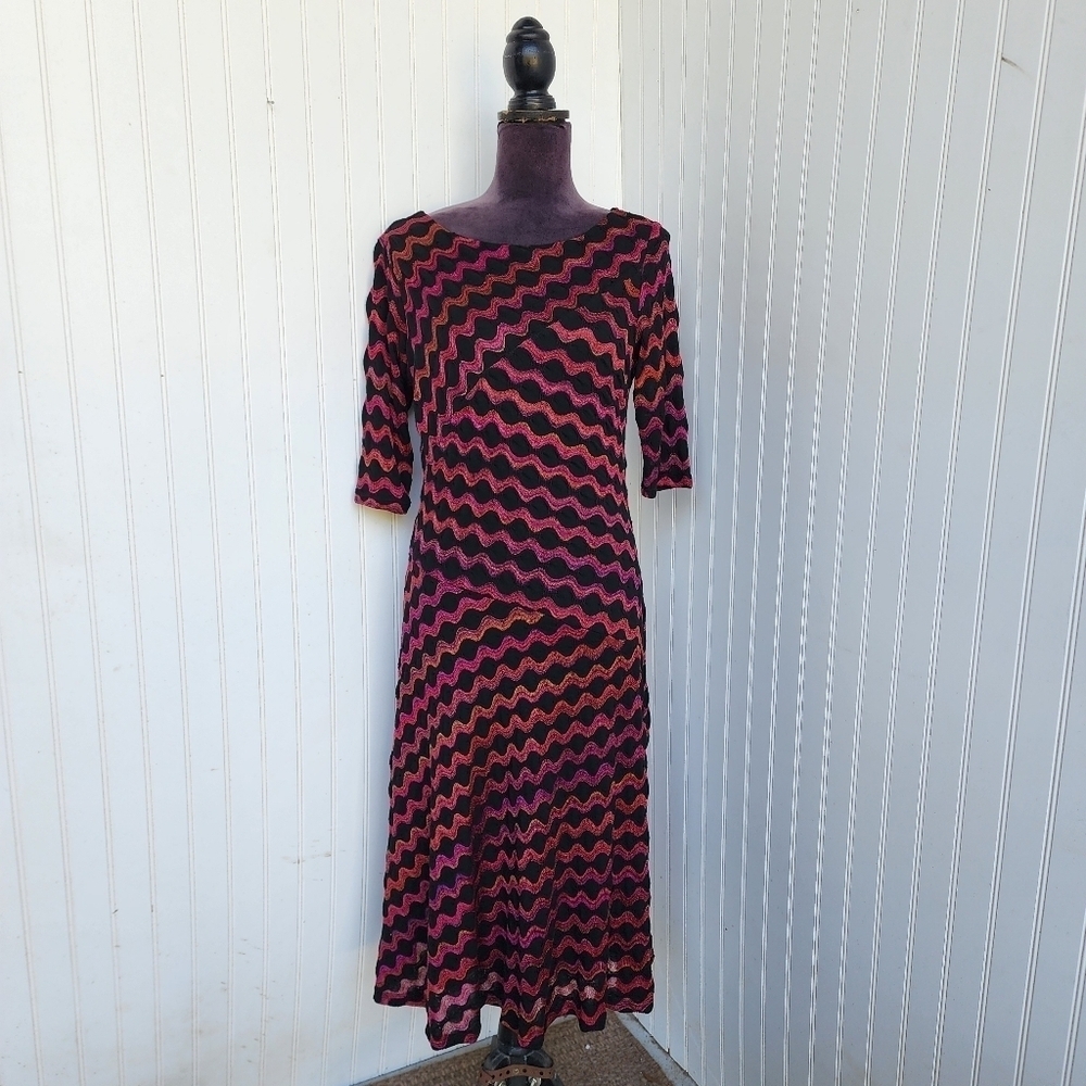 Sangria Knit Black Pink Shift Dress Midi Stretch Women's 3/4 Sleeve Sz 12